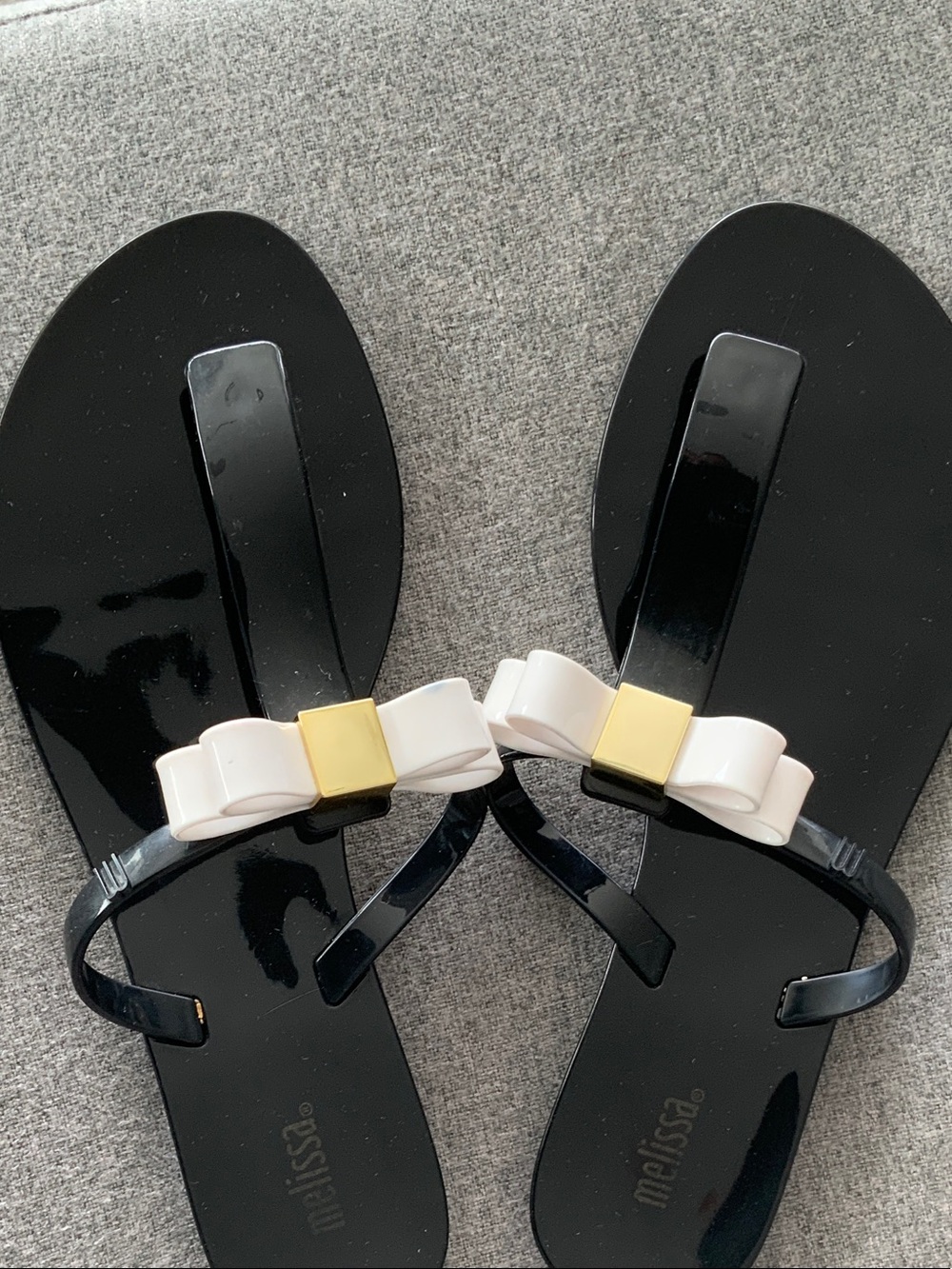Melissa Black Patent Sandals with White Bow and Gold Accent